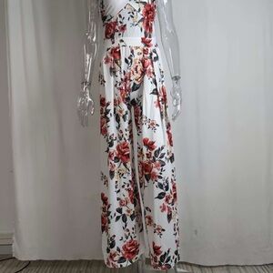 Floral Wide-Leg Jumpsuit - White with Red Rose Print